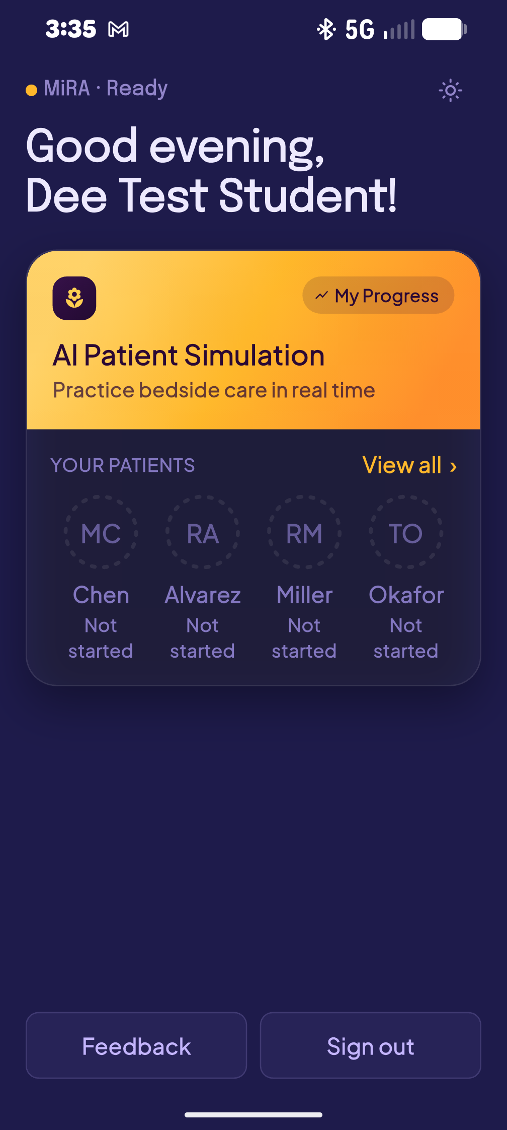 Student home screen greeting the learner with the AI Patient Simulation card and four assigned patients